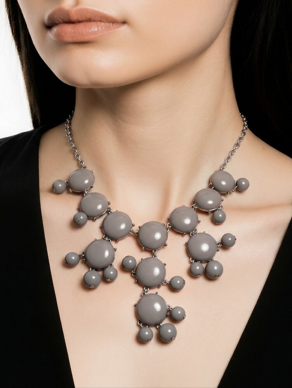 Women's Gray Silver Bubble Waterfall Statement Twee Necklace, Adjustable Size